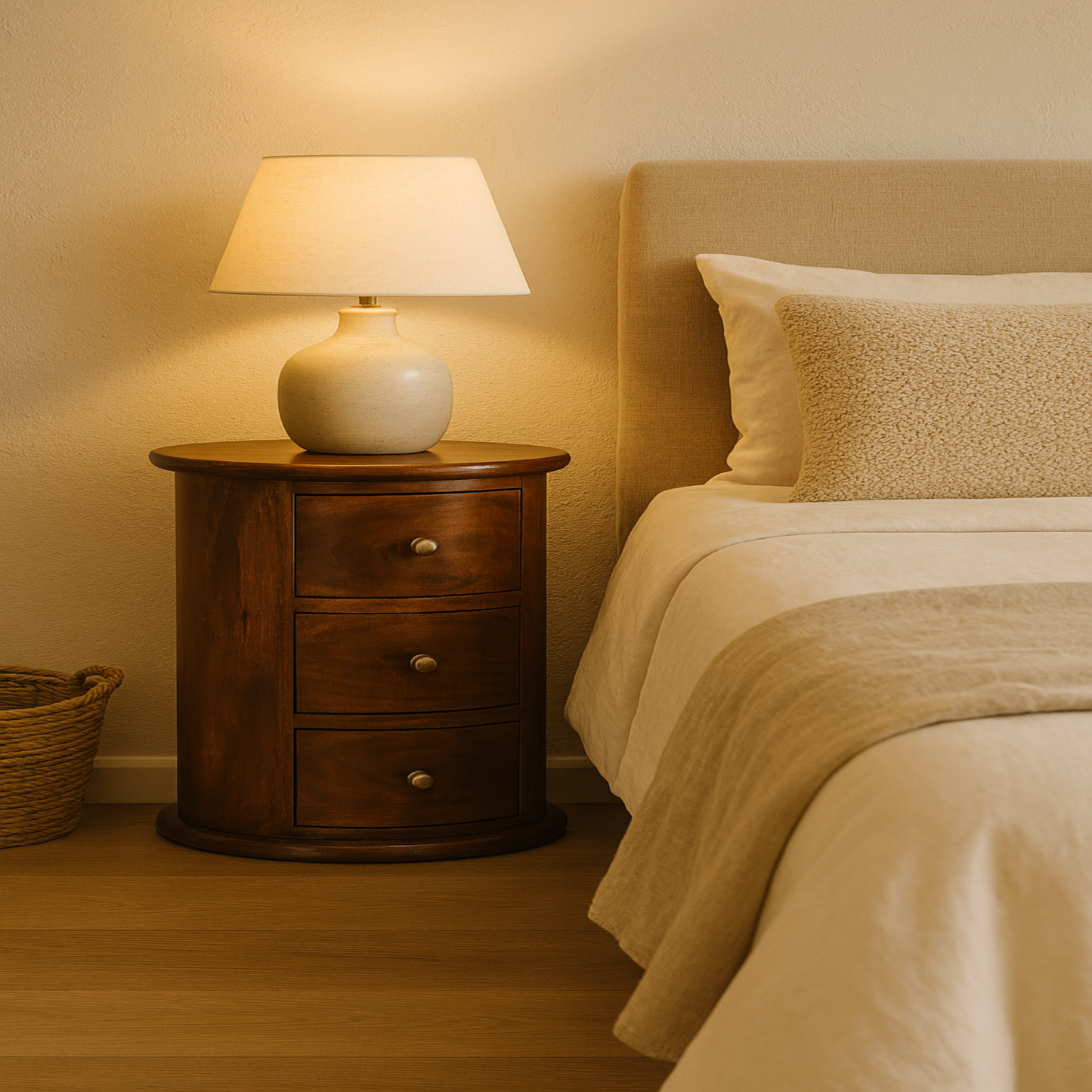 Wooden nightstand with lamp next to a bed in a bedroom setting
