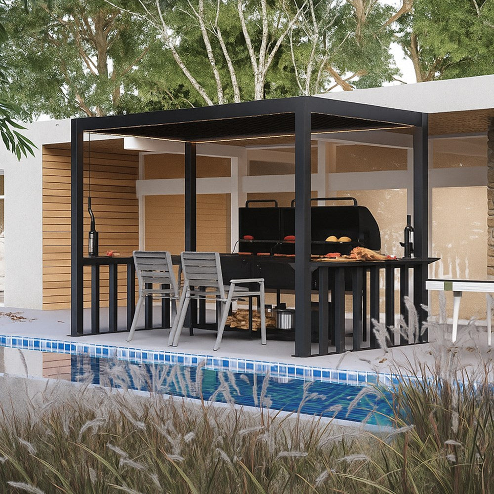 Outdoor patio with pergola, chairs, and barbecue area near a pool.