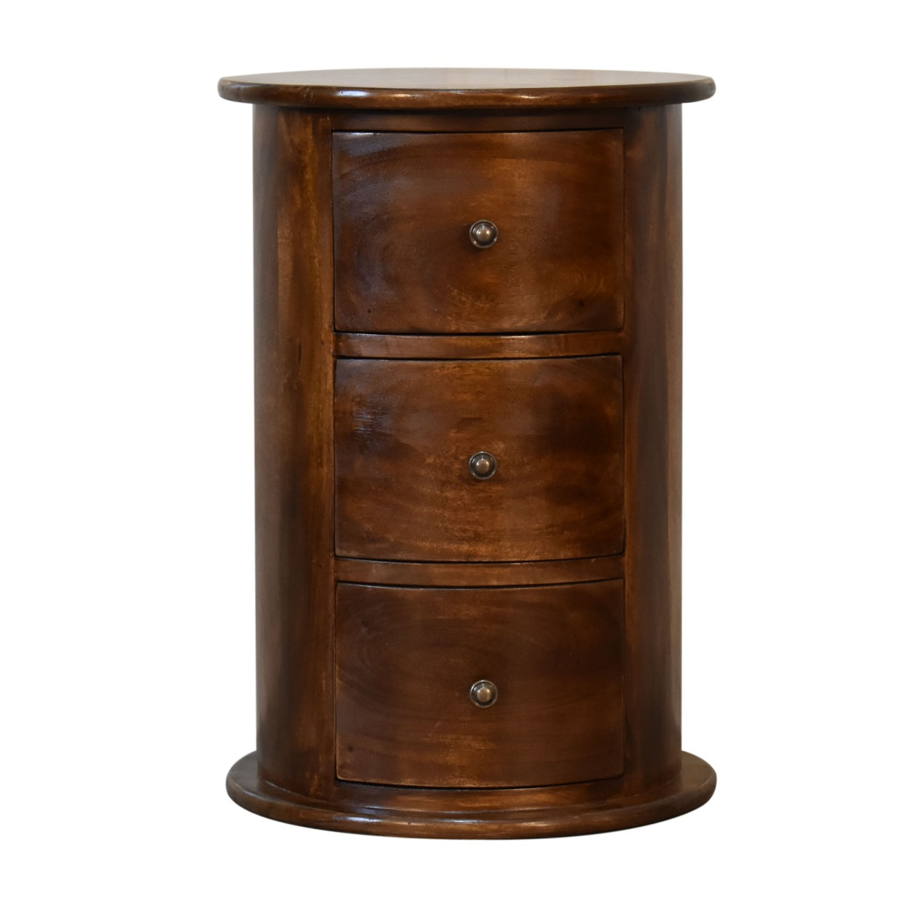 Drum Bedside Table with Drawers Wooden cylindrical cabinet with three drawers