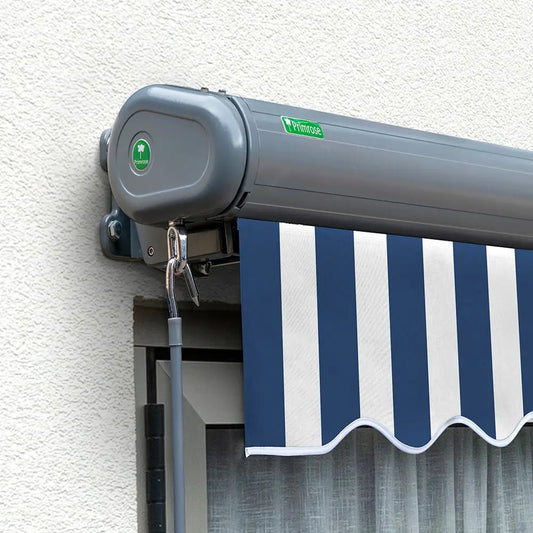 5m Full Cassette Electric Awning in Charcoal with Blue & White Stripes - Gazebo