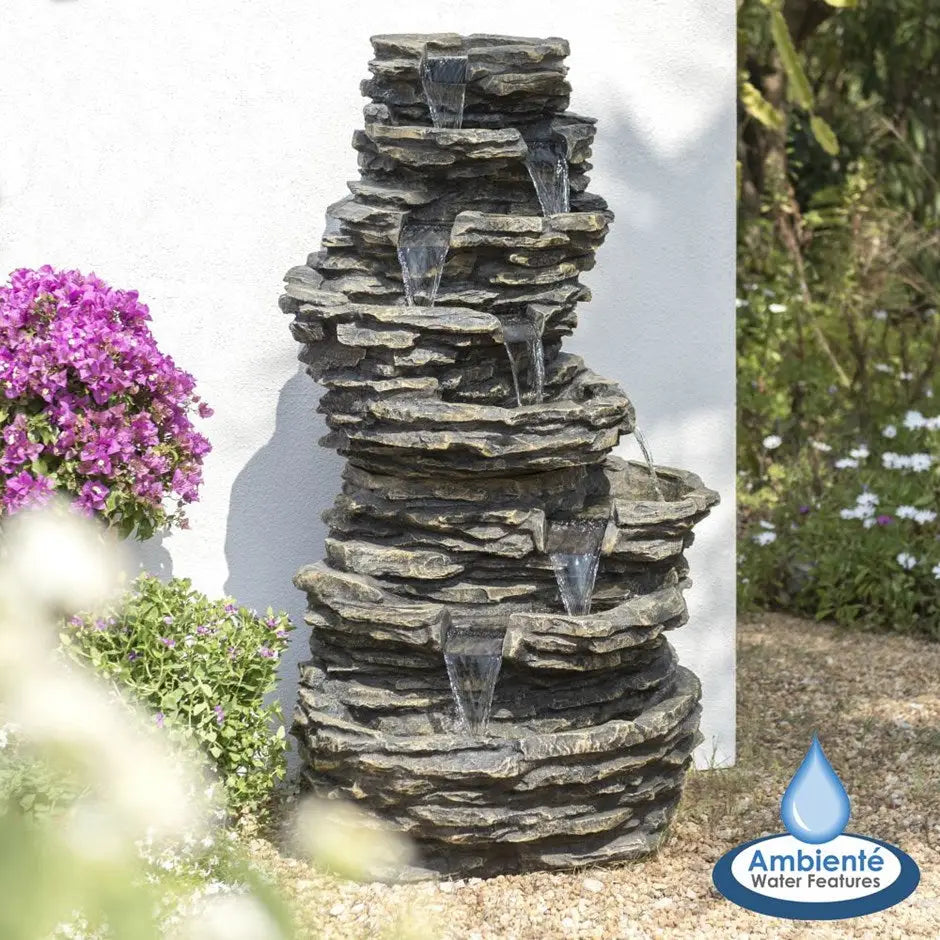 8-Tier Rock Cascade Water Feature with Halogen Lights – Indoor & Outdoor - Fountains