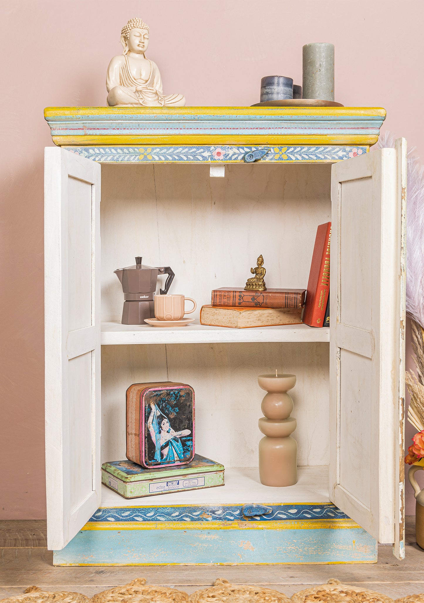 Hand-Painted Vintage 2-Door Cabinet | Mango Wood Storage