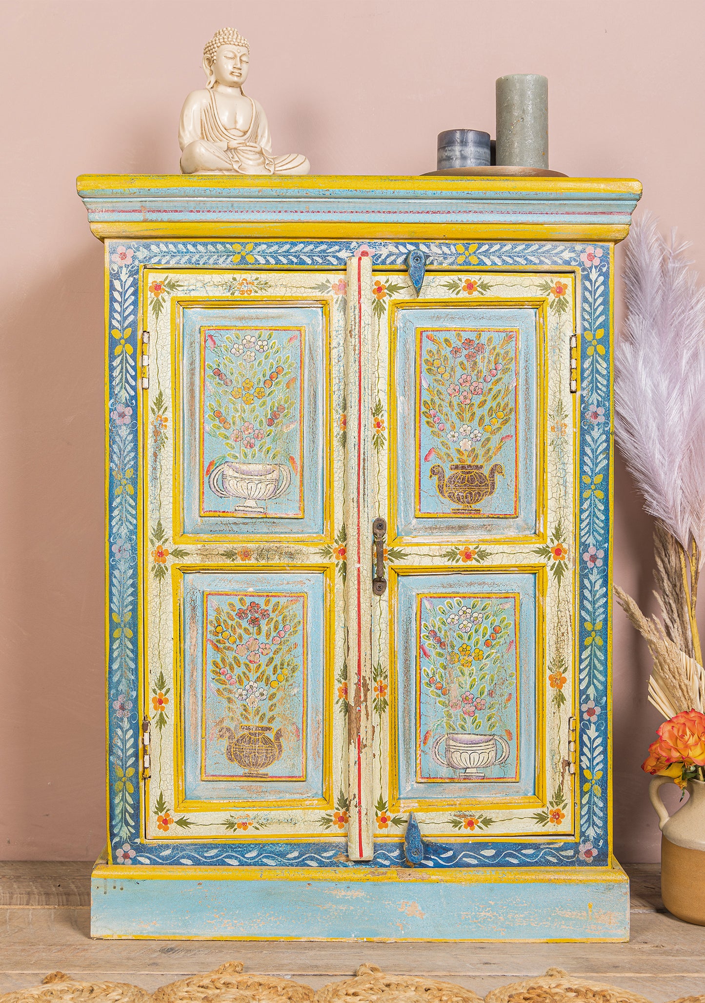 Hand-Painted Vintage 2-Door Cabinet | Mango Wood Storage