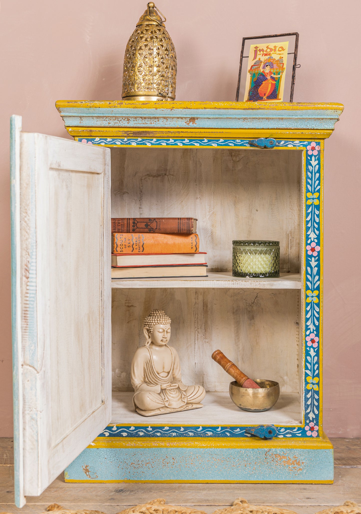 Hand-Painted Vintage Bedside Cabinet | Floral Artwork