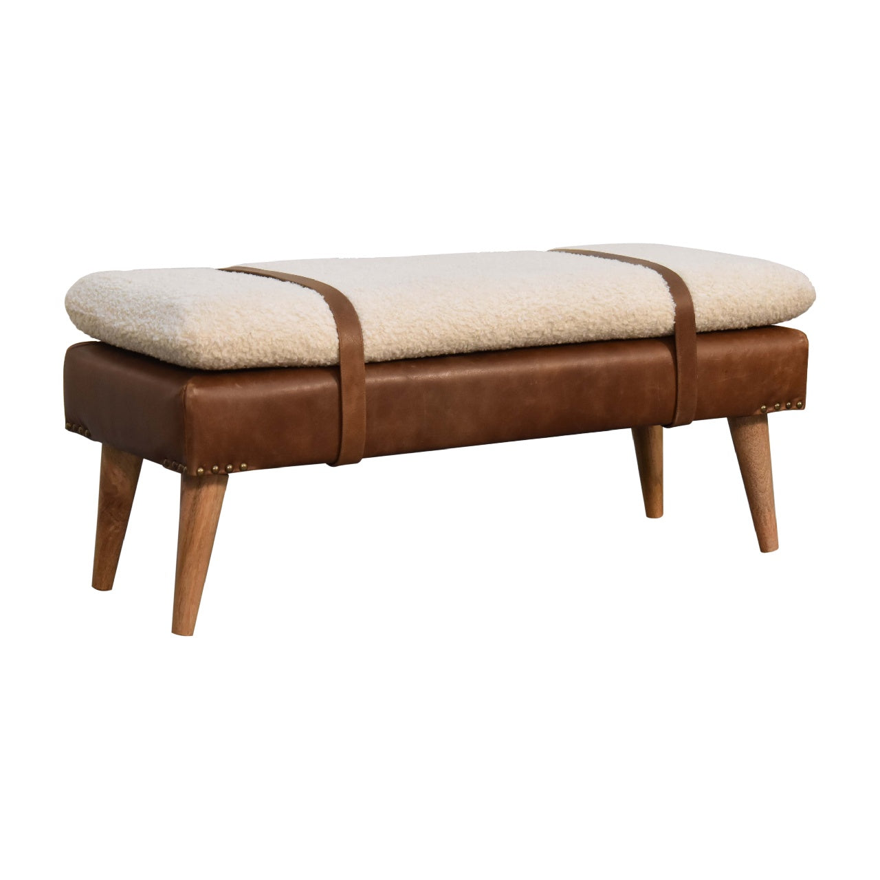 Boucle Bench Seat with brown leather seat and backrest