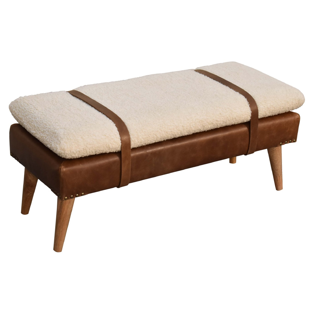 Bench Seat with brown leather straps and beige cushion