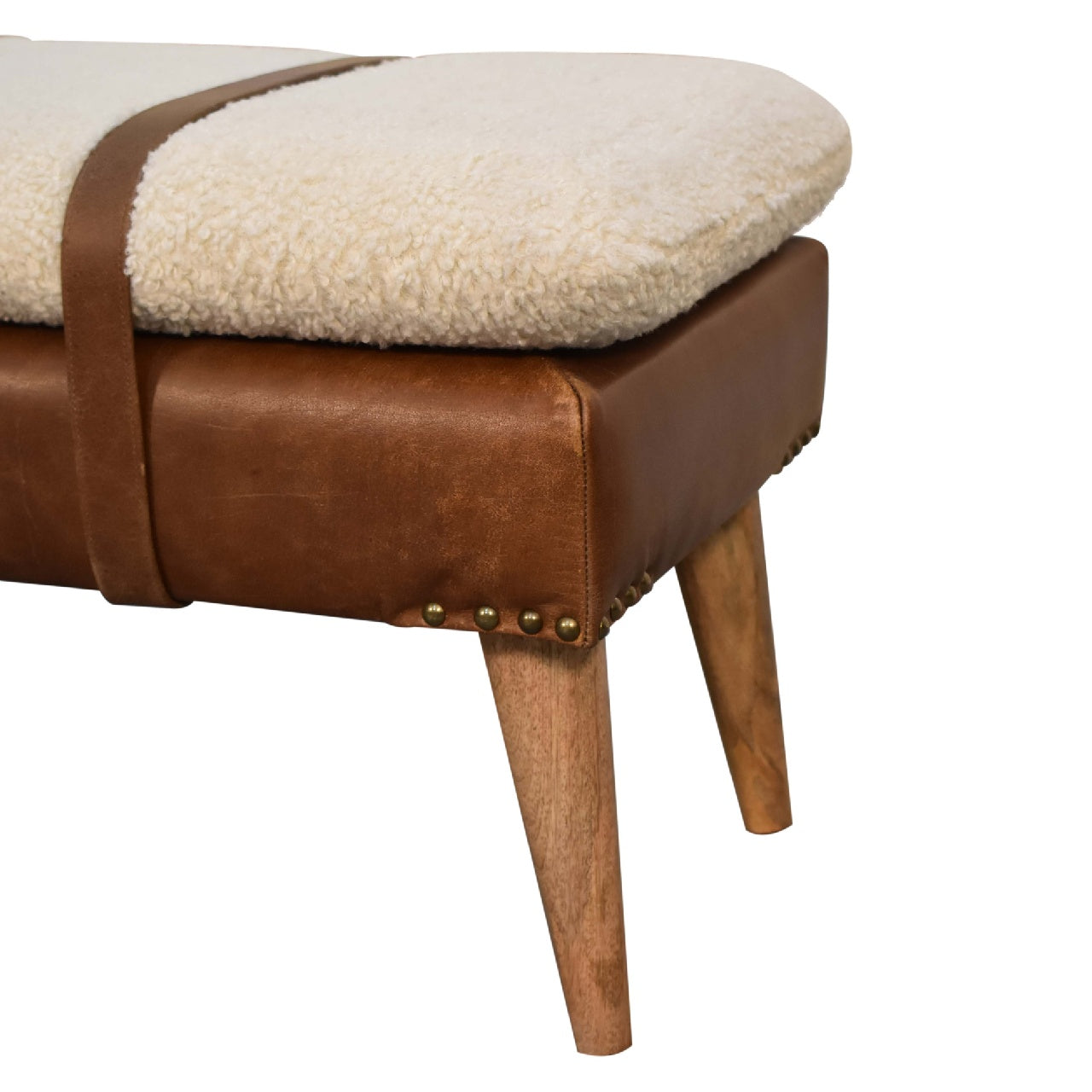 Cream boucle bench. Brown leather with Cream white cushion