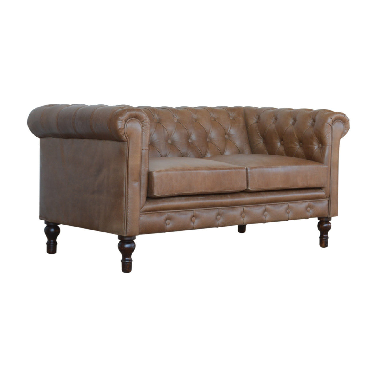 Brown Buffalo leather sofa with tufted backrest on a white background