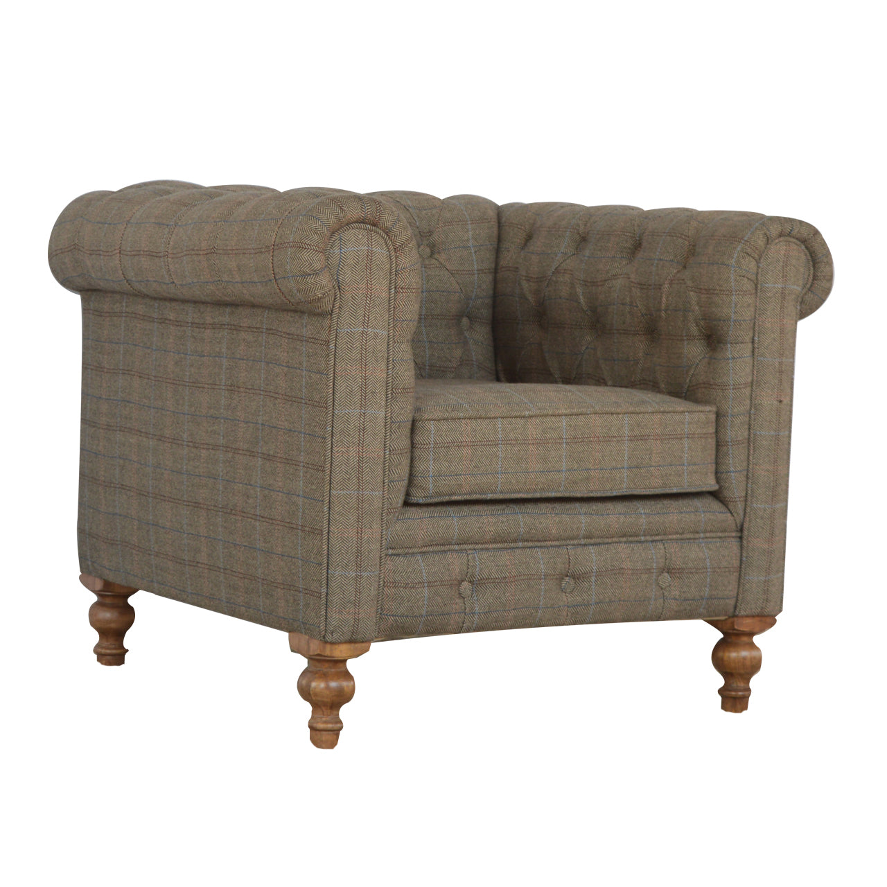 Brown Fabric armchair with wooden legs. Tweed Chesterfield Chair