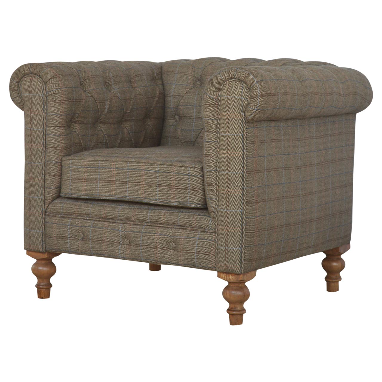 Tweed Chesterfield Chair. Brown checkered armchair with wooden legs