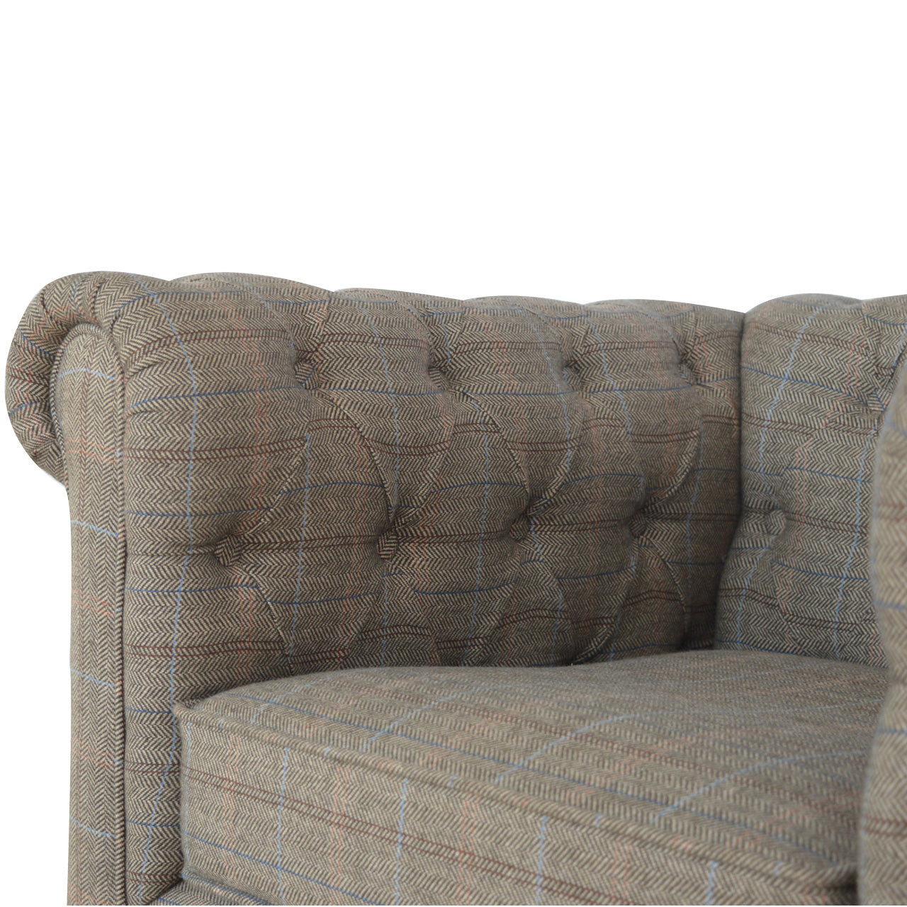 Tweed Chesterfield Chair.Close-up of a textured chair with buttoned backrest