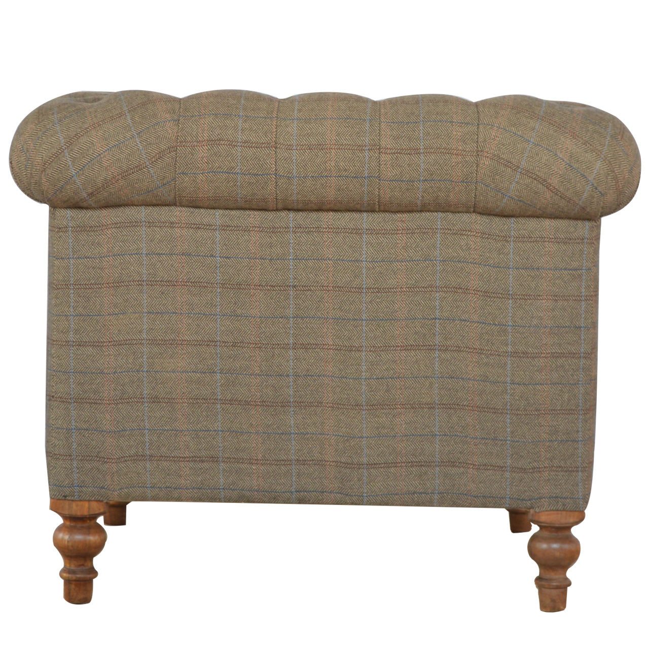 Tweed Chesterfield Chair. Chair with plaid fabric and wooden legs