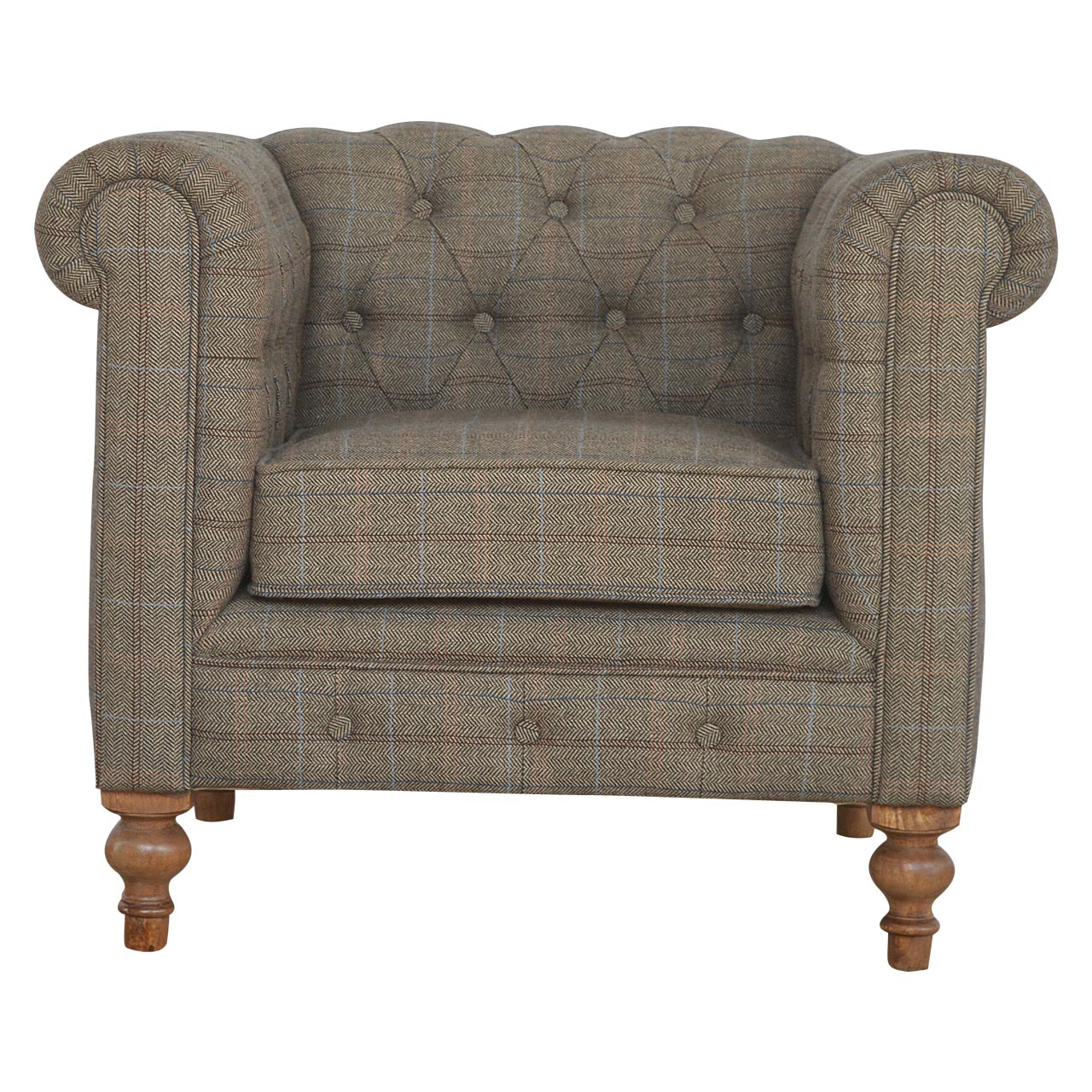 Tweed Chesterfield Chair. Brown Fabric checkered armchair with wooden legs