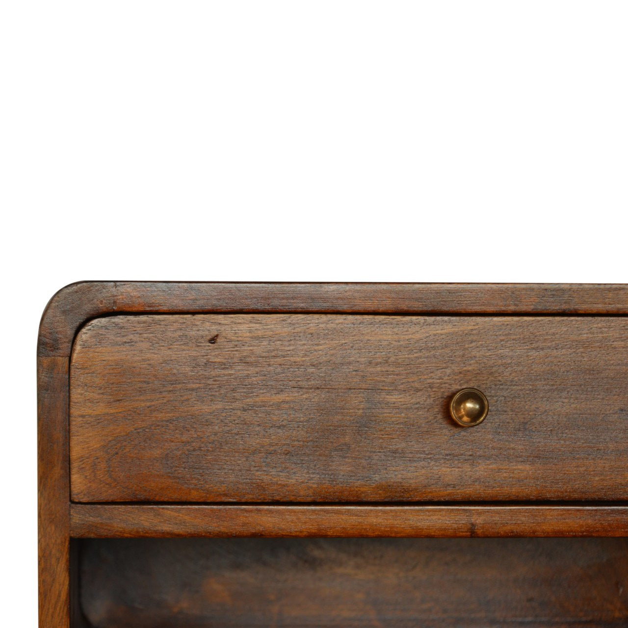 Floating bedside table set with drawer. Close-up of a wooden drawer with a brass handle