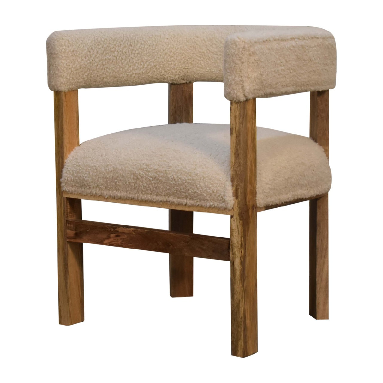 Boucle and wood occasional chair. Chair with wooden frame and cream cushioned seat