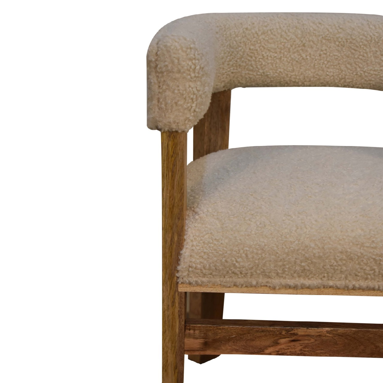 Boucle and wood occasional chair, wooden chair with cream cushioned seat and backrest