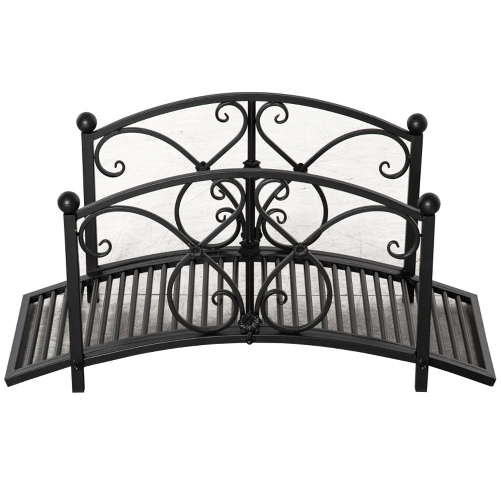 Vintage style steel frame garden bridge. Decorative black metal garden bridge