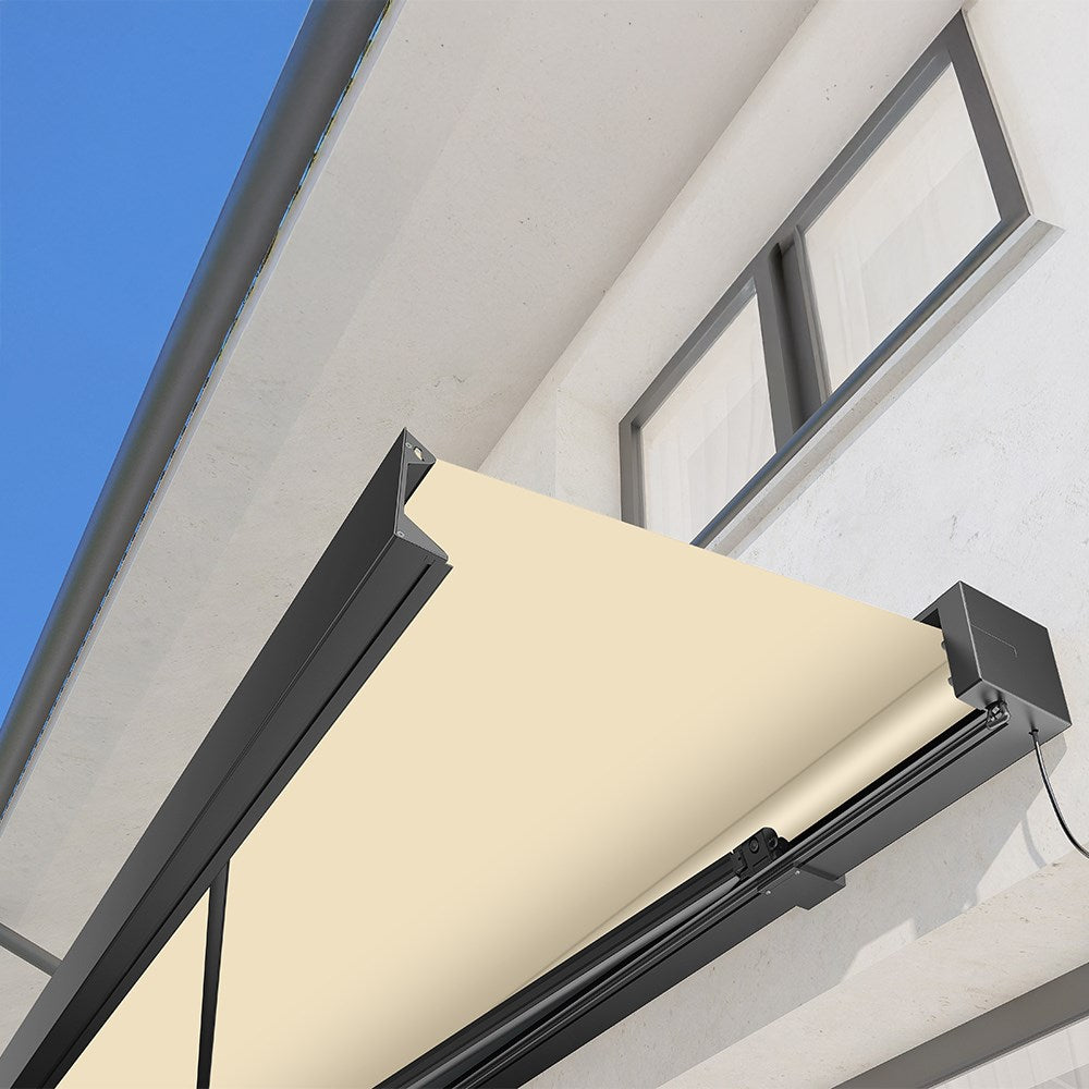 Deluxe Wireless Electric Awning with LED Lighting – Ivory Canopy & Charcoal Cassette