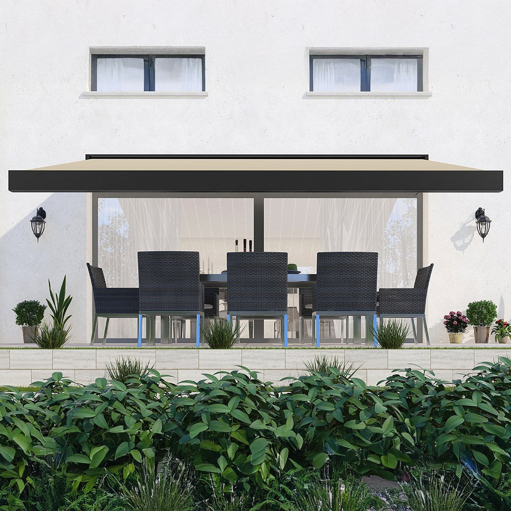 Deluxe Wireless Electric Awning with LED Lighting – Ivory Canopy & Charcoal Cassette