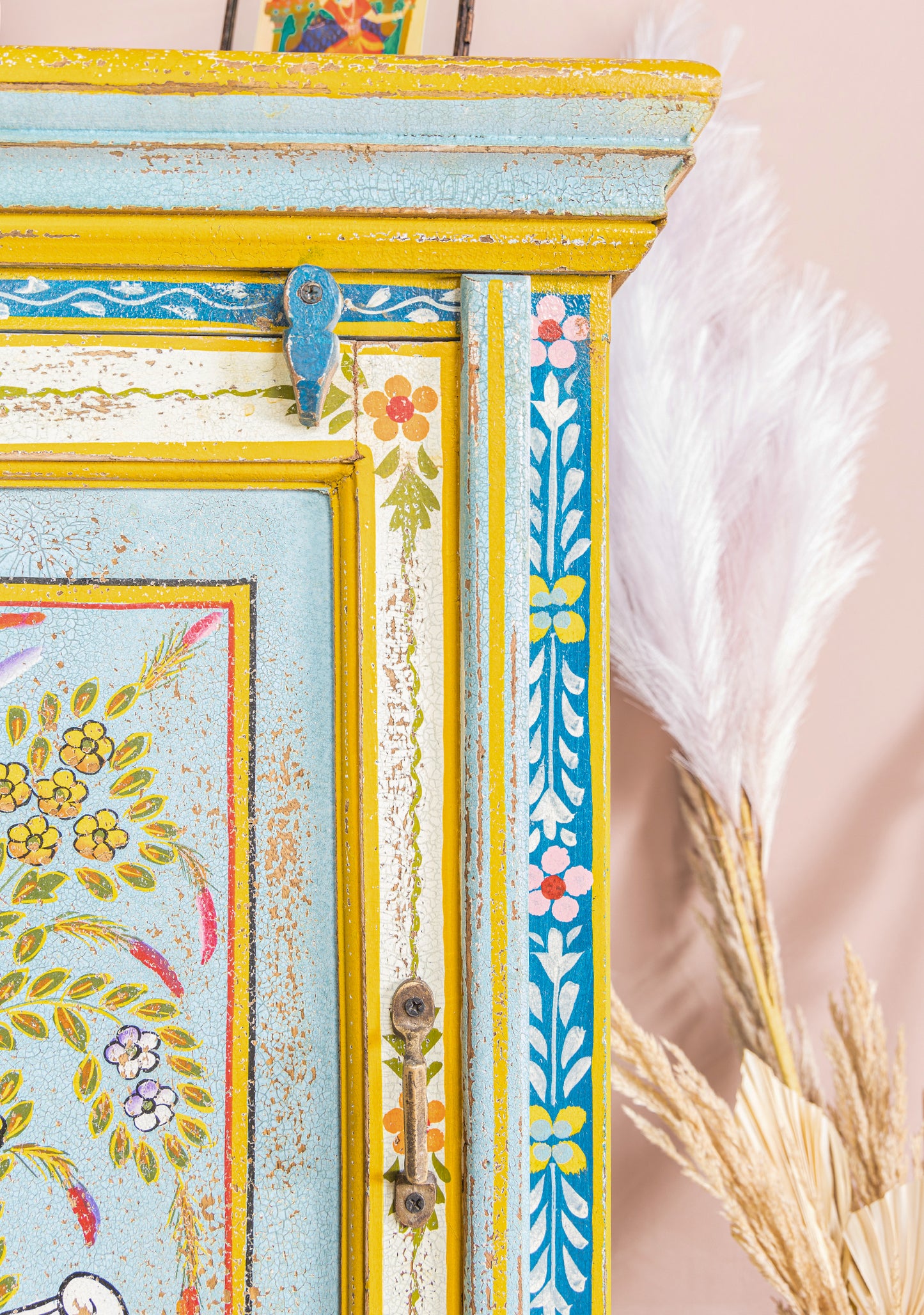 Hand-Painted Vintage Bedside Cabinet | Floral Artwork