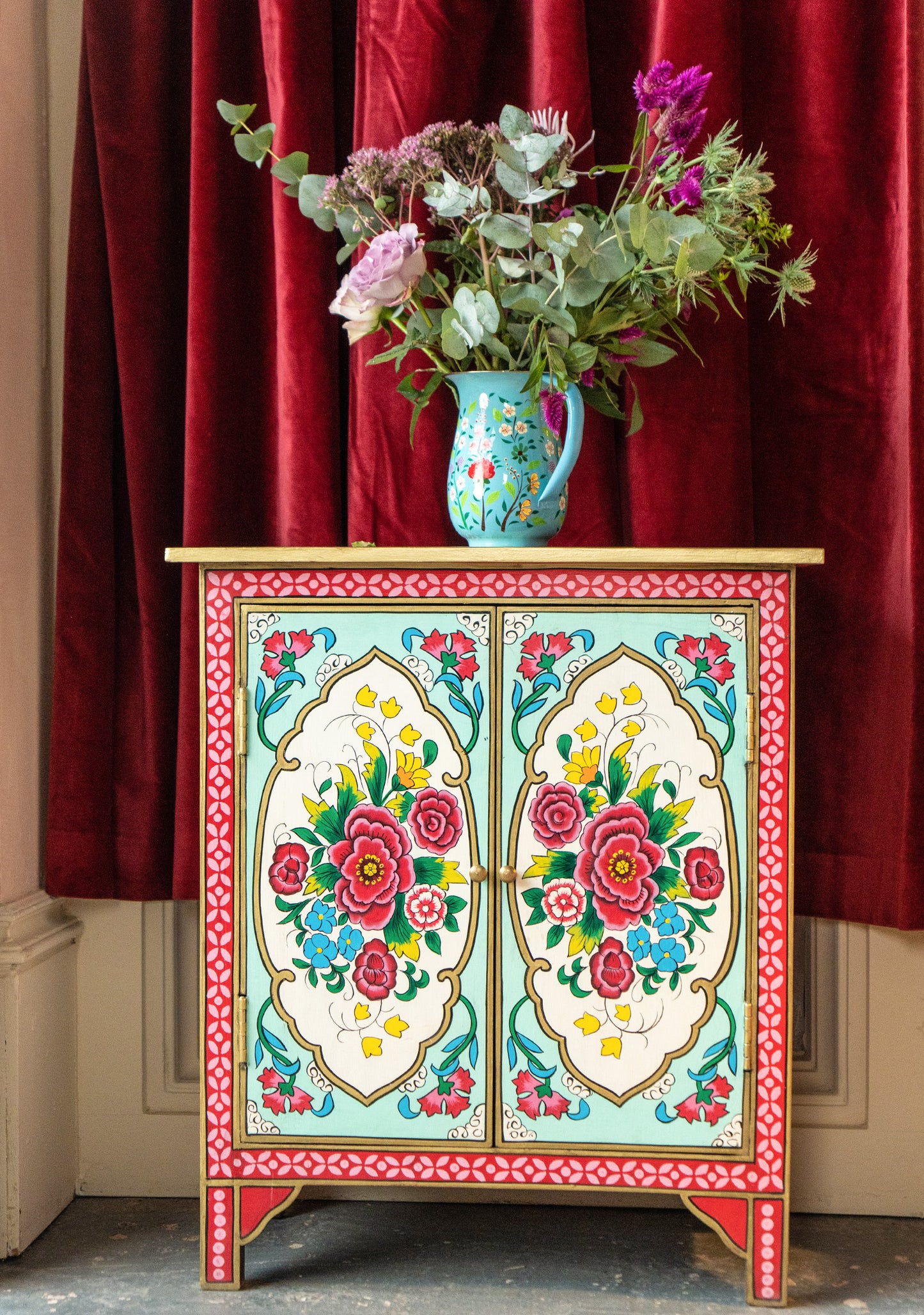 Hand-Painted Double Door Cupboard | Mulberry Rose Bouquet Design
