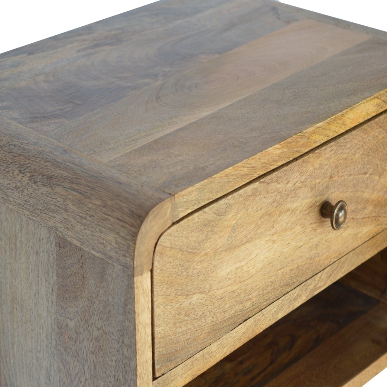 Wooden bedside table with a drawer and metal handle