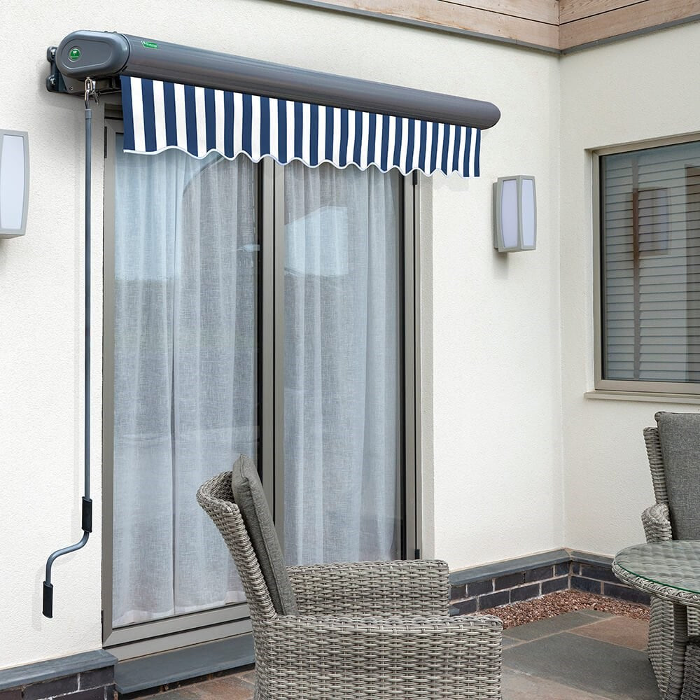 5m Full Cassette Electric Awning in Charcoal with Blue & White Stripes