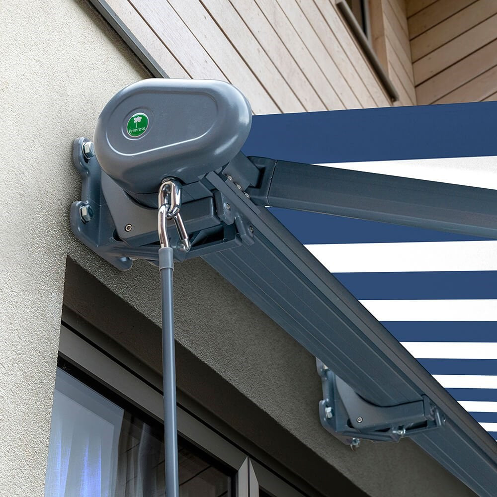 5m Full Cassette Electric Awning in Charcoal with Blue & White Stripes