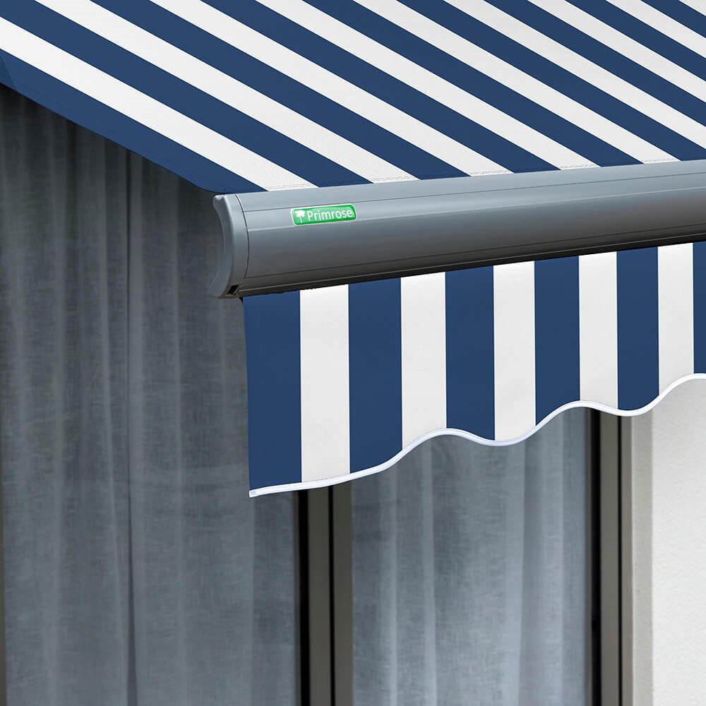 5m Full Cassette Electric Awning in Charcoal with Blue & White Stripes
