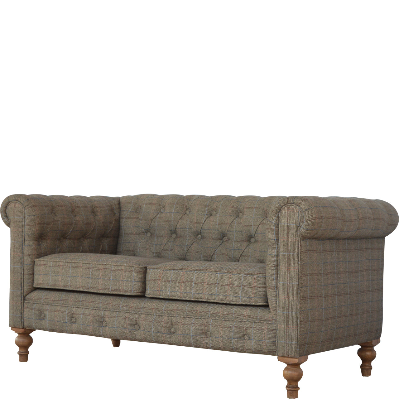 Tweed Chesterfield Sofa. Checkered sofa with wooden legs