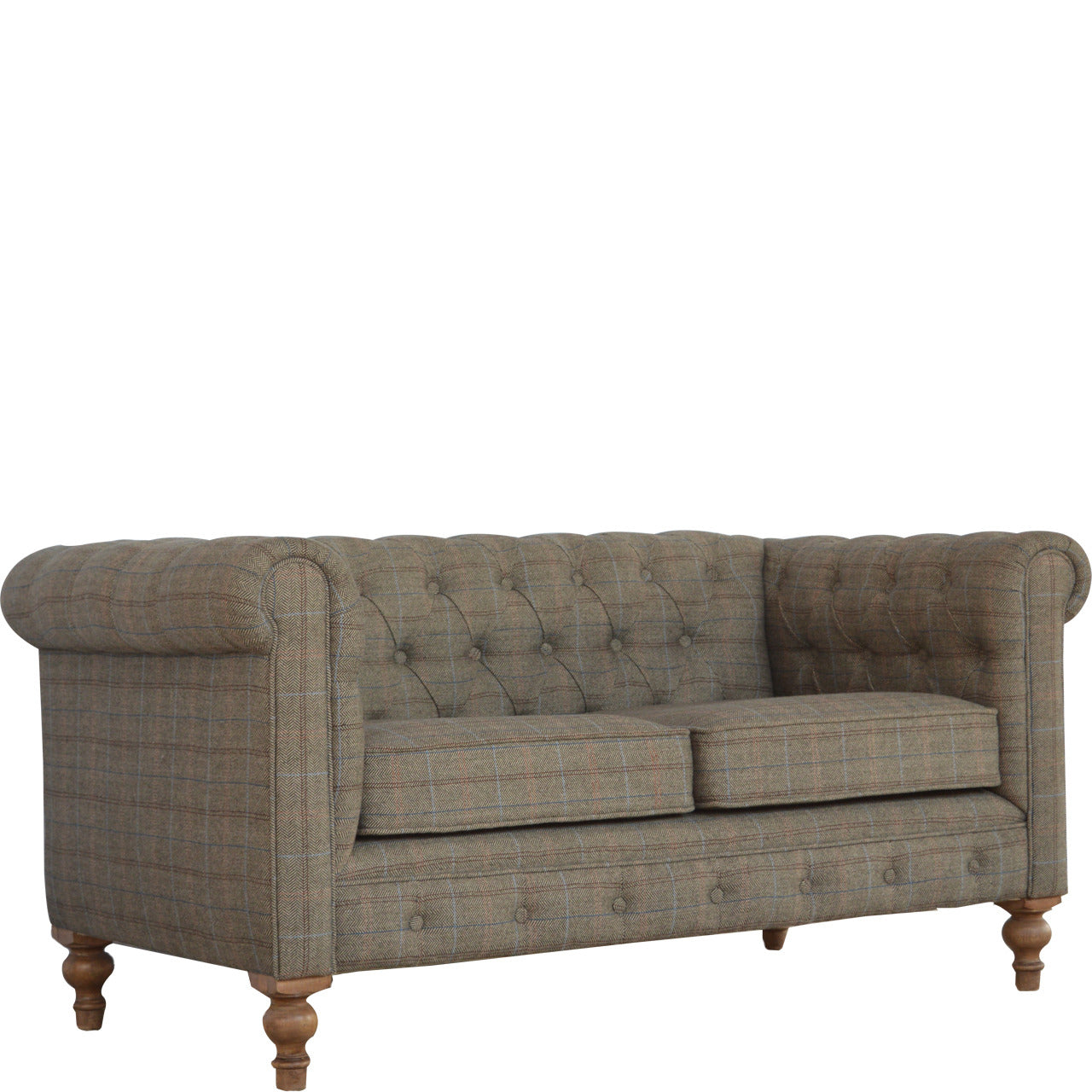 Tweed Chesterfield Sofa. Brown multi tweed sofa with wooden legs