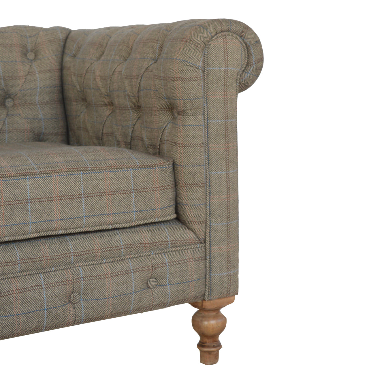 Tweed Chesterfield Sofa. Brown checkered sofa with wooden legs