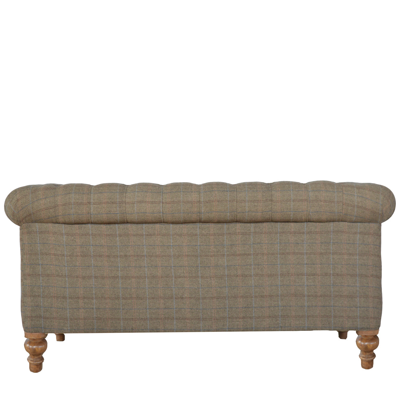 Tweed Chesterfield Sofa. Fabric sofa with plaid pattern and wooden legs