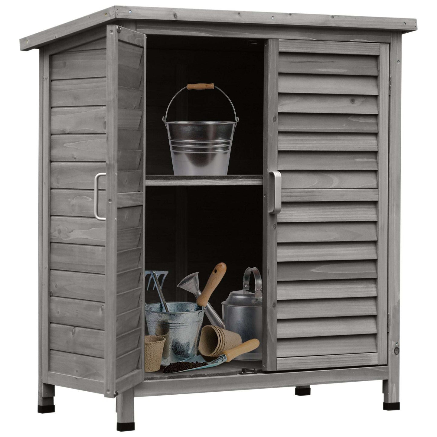 Luxury storage shed, Interior view showing two storage shelves