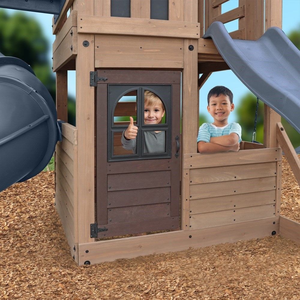Modern Lookout Tower Wooden Playset with Slides & Swings – Cedar Outdoor Adventure Frame
