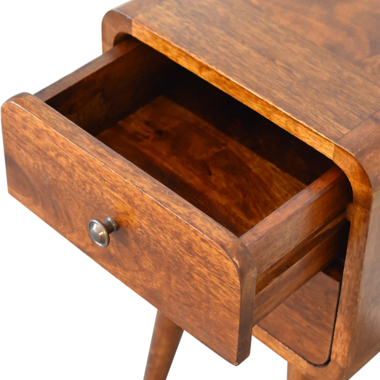 Wooden Bedside Cabinet with 2 Drawers Wooden drawer unit with an open drawer