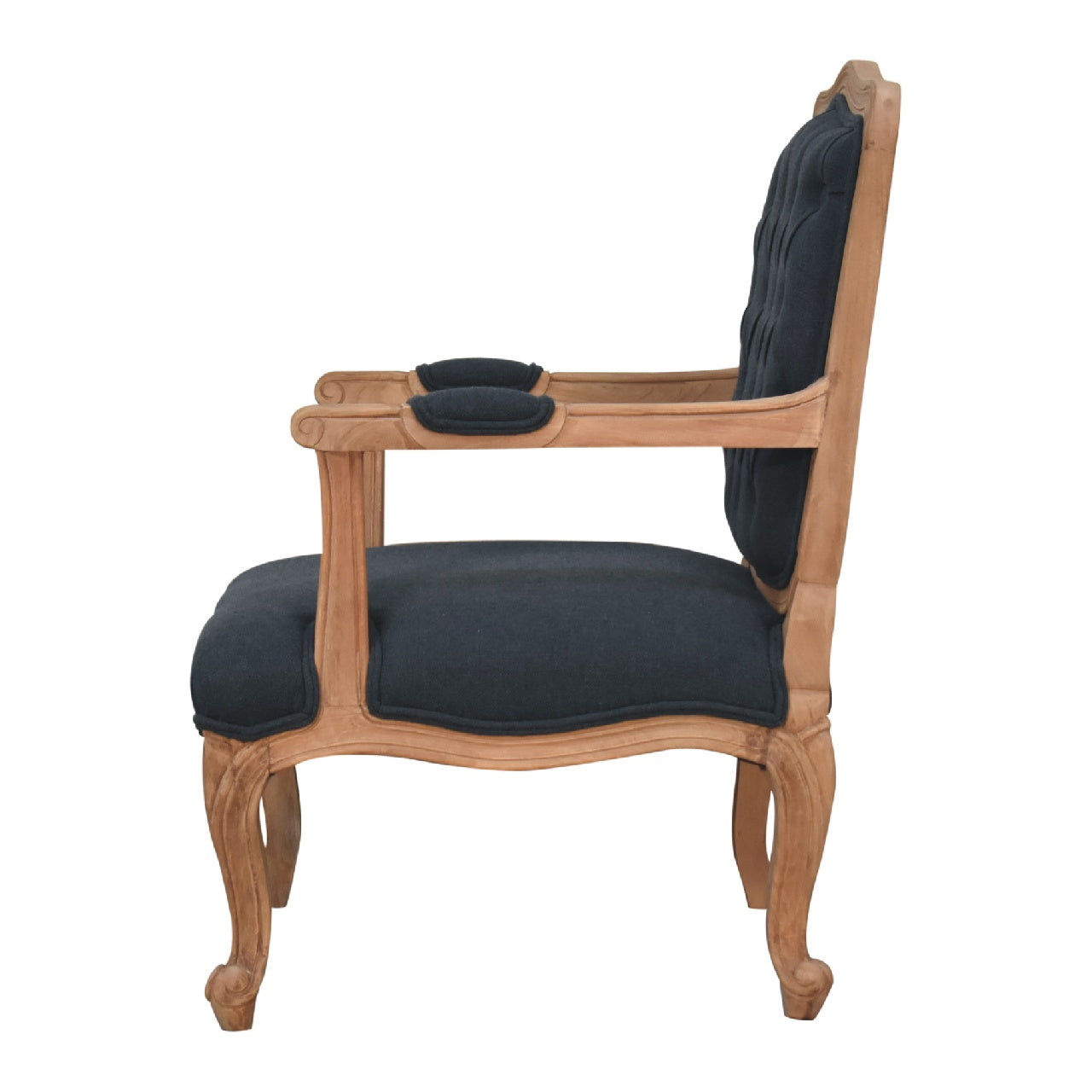 French style chair with arms. Chair with grey cushioned seat and backrest