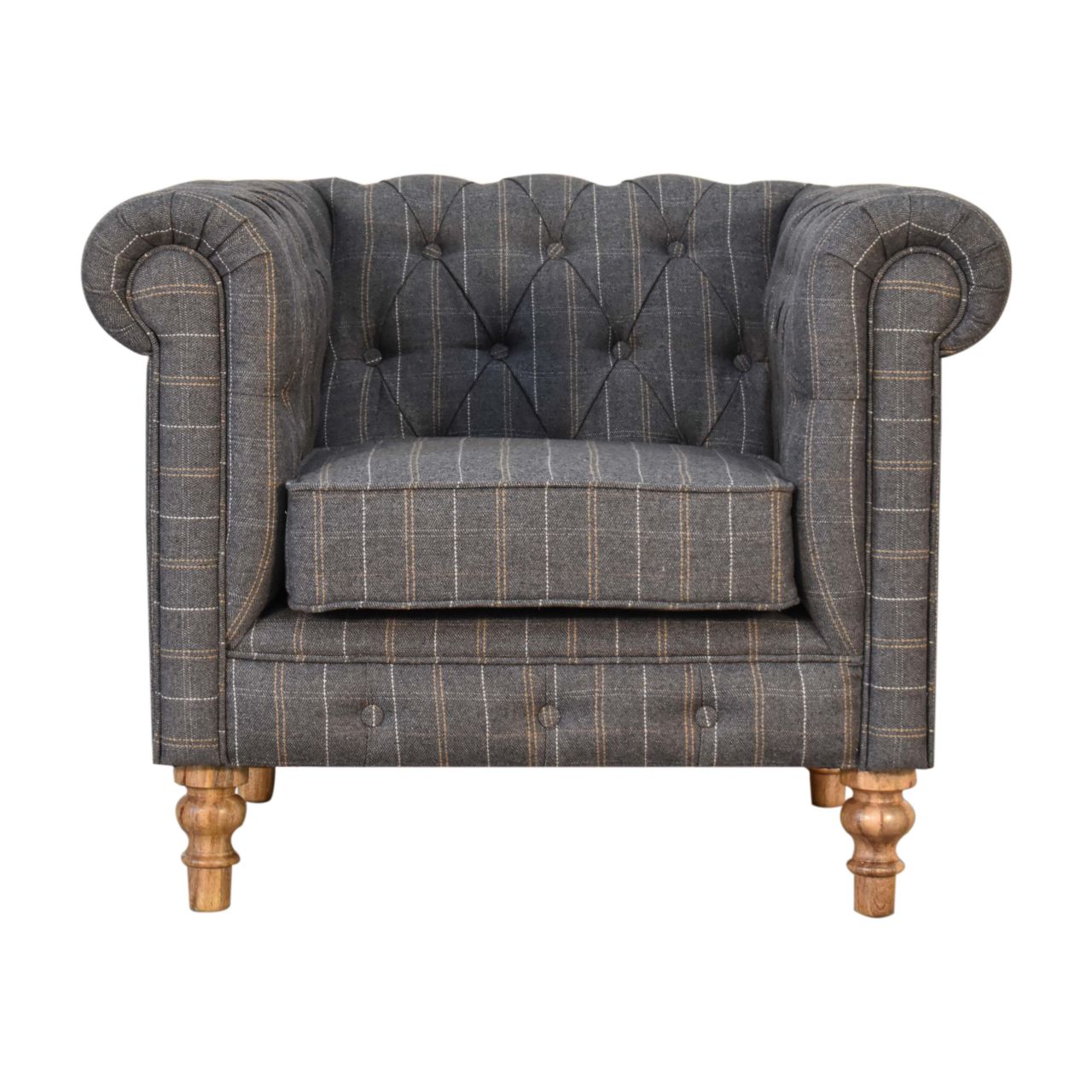 Tweed Chesterfield Chair. Grey Fabric checkered armchair with wooden legs