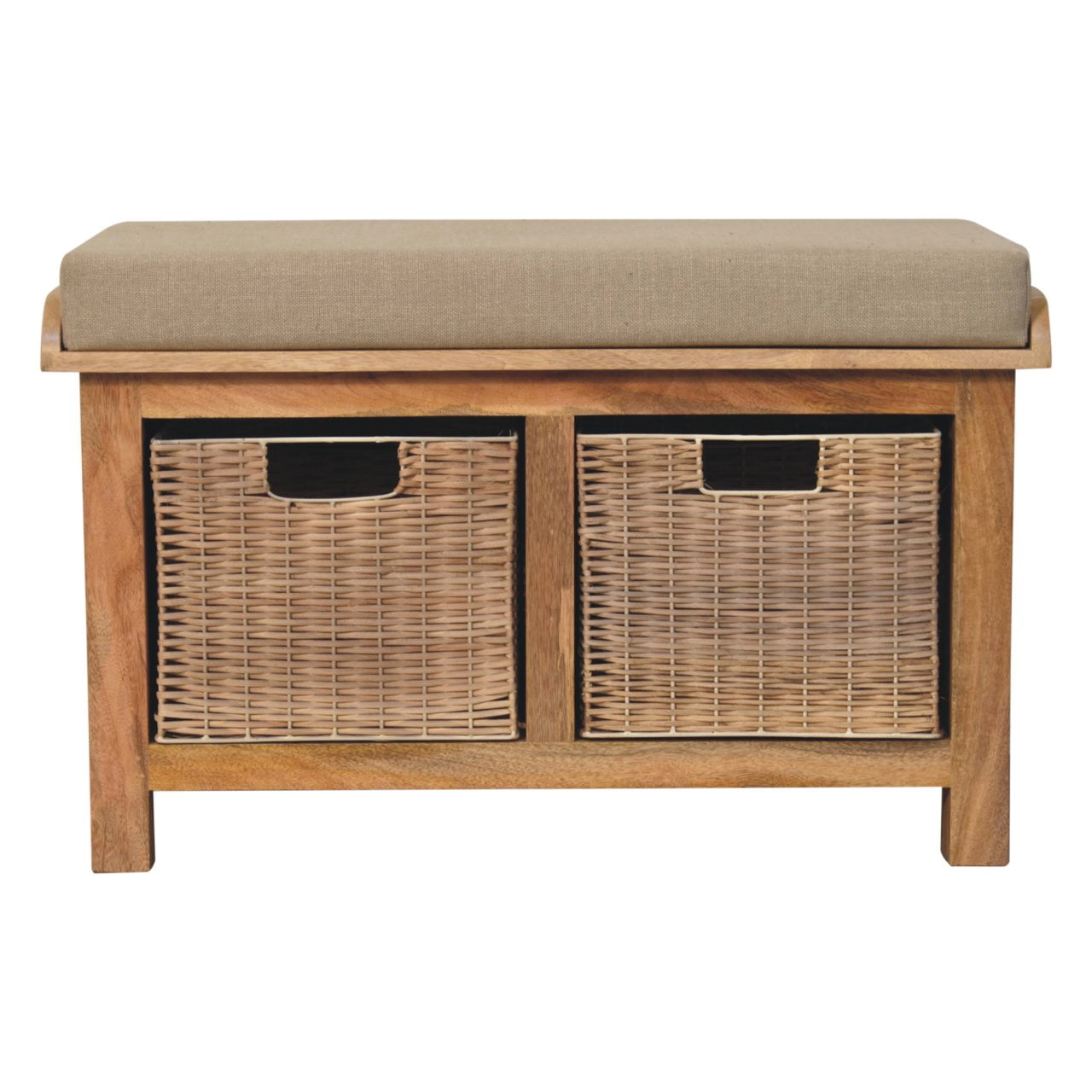 Indoor bench seating with storage and cushion Wooden bench with wicker storage baskets and a cushion