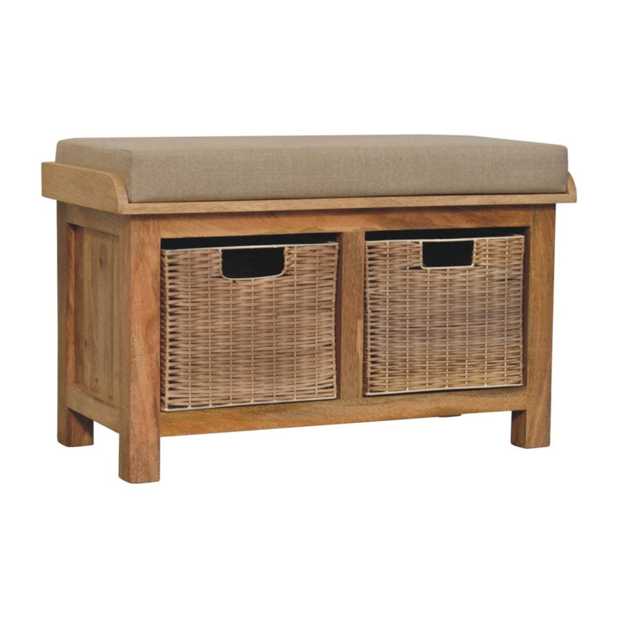 Indoor bench seating with storage and cushion Wooden storage bench with woven basket doors and cushioned seat