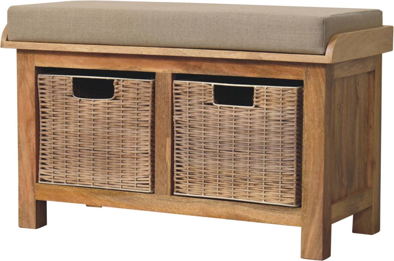 Indoor bench seating with storage and cushion Wooden bench with cushioned top and wicker storage baskets
