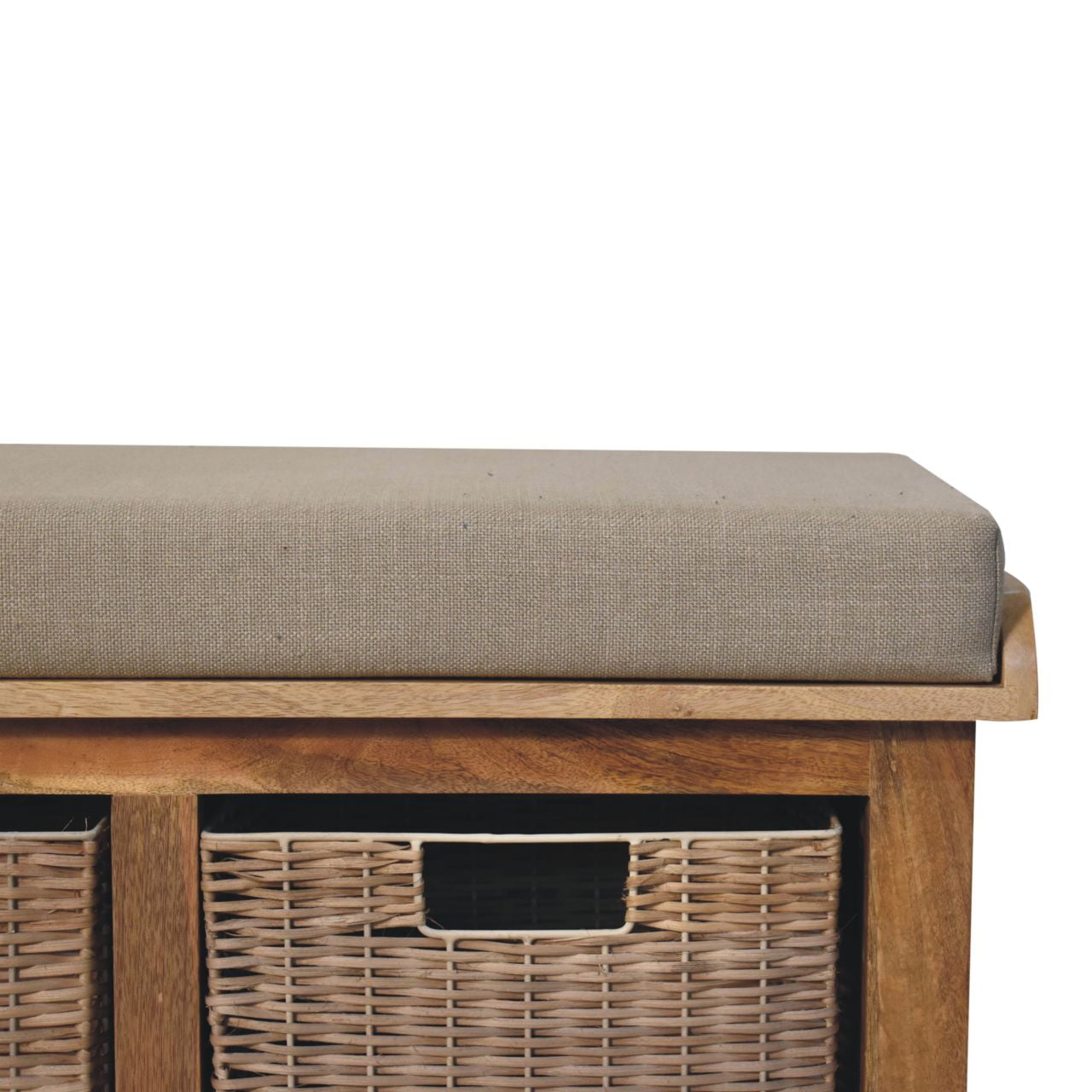 Indoor bench seating with storage and cushion. Wooden bench with a cushion and wicker storage baskets