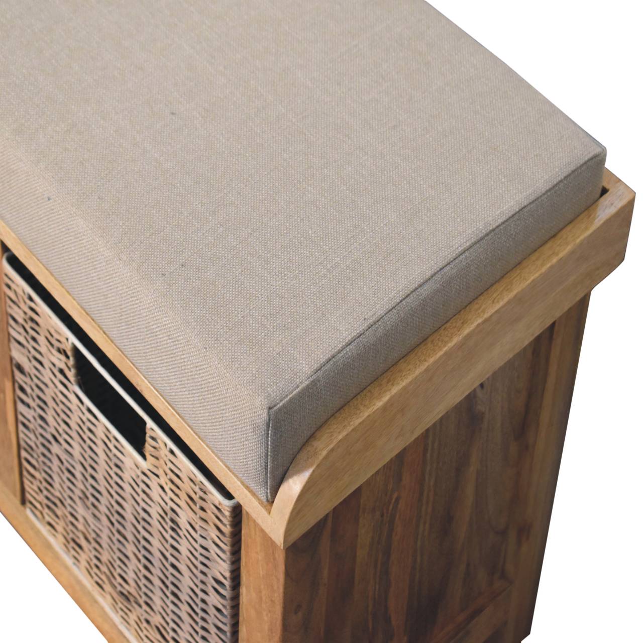 Indoor bench seating with storage and cushion Wooden bench with a grey cushion
