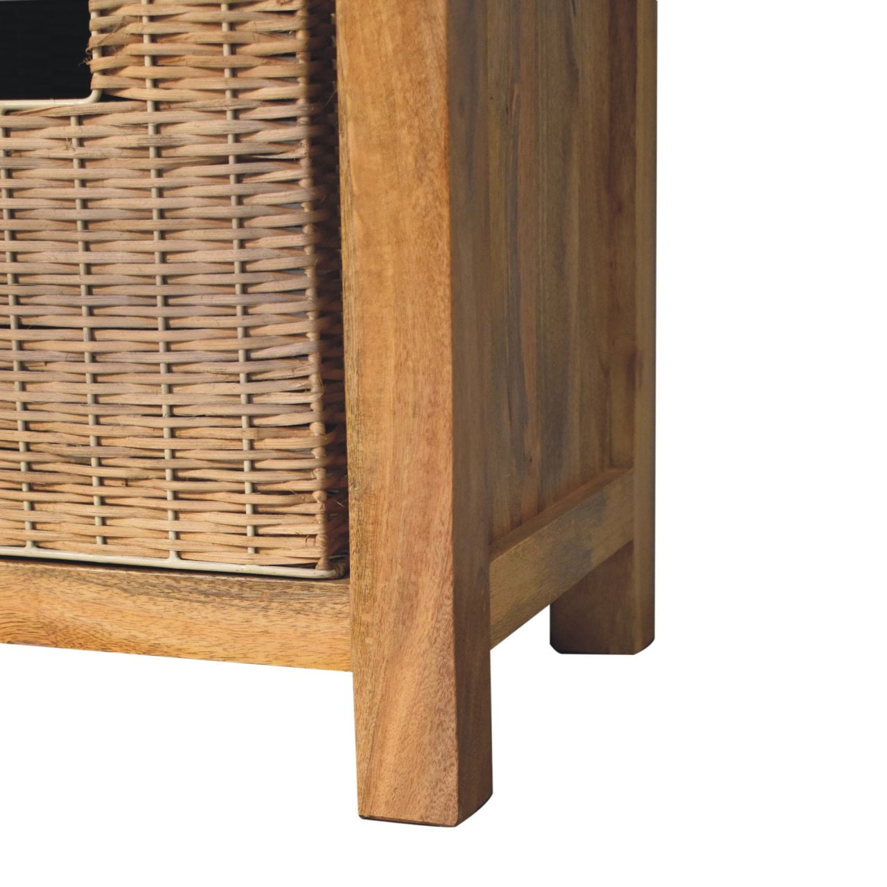Indoor bench seating with storage and cushion Wooden cabinet with wicker basket