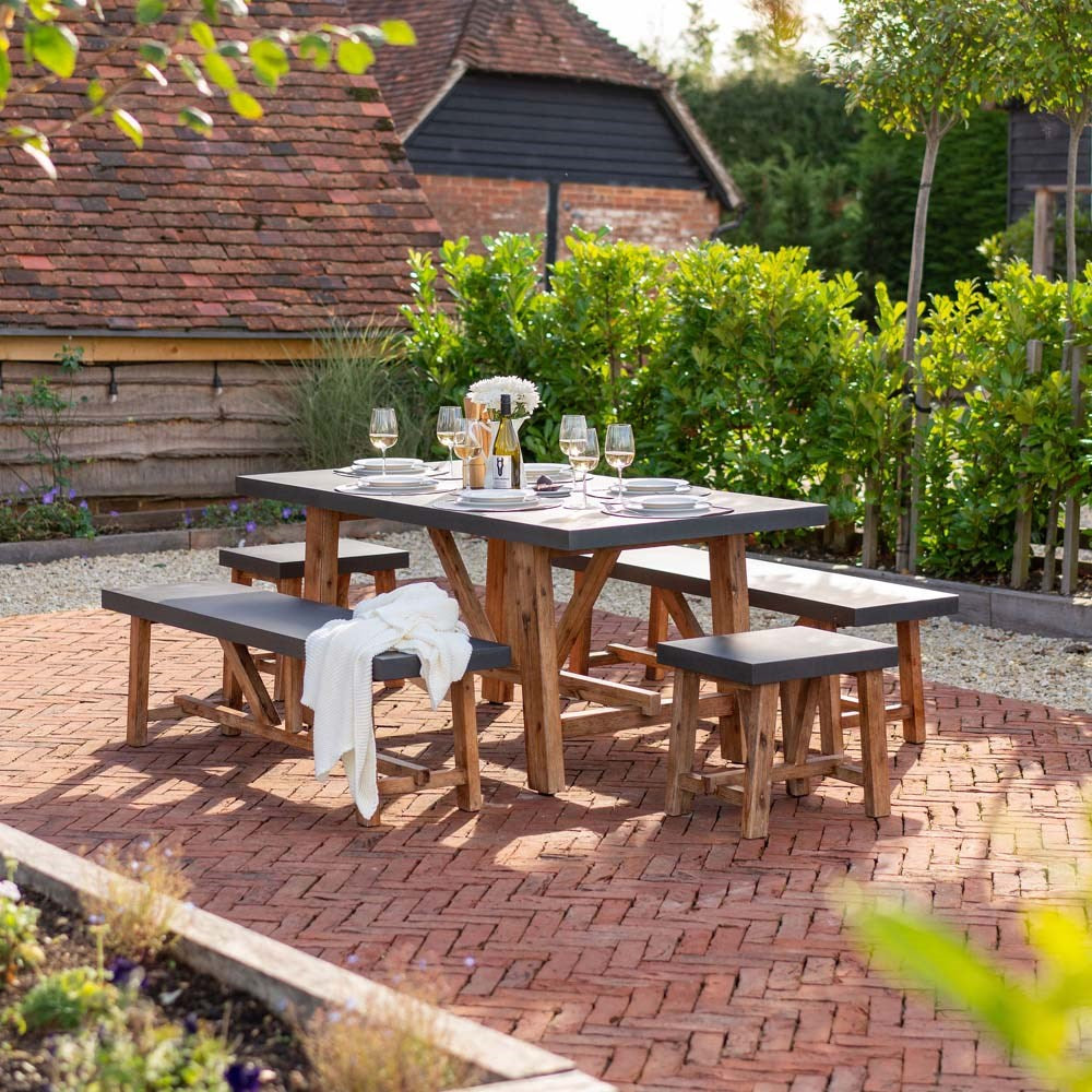 Rustic 6-Seater Acacia & Cement Fibre Dining Set – Indoor & Outdoor Farmhouse Style