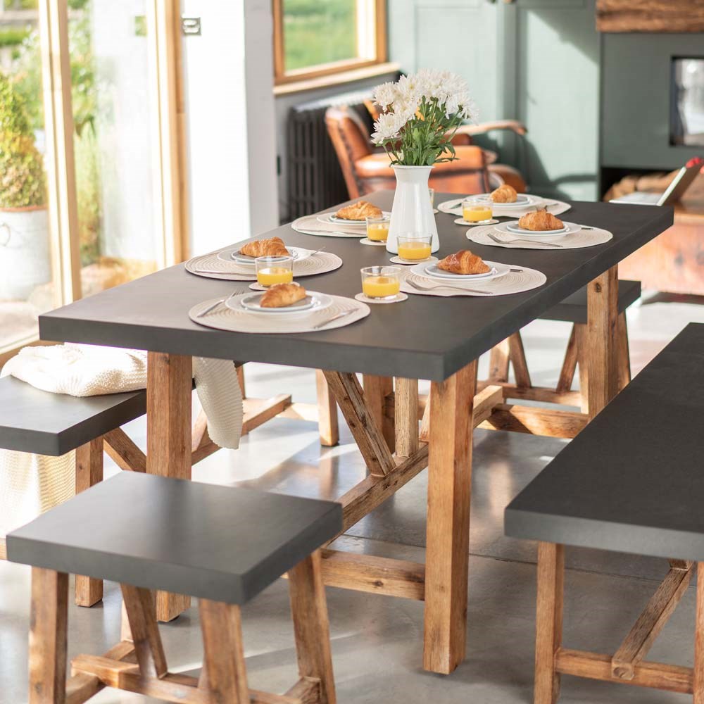 Rustic 6-Seater Acacia & Cement Fibre Dining Set – Indoor & Outdoor Farmhouse Style
