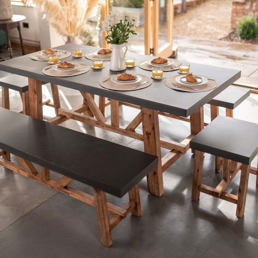 Rustic 6-Seater Acacia & Cement Fibre Dining Set – Indoor & Outdoor Farmhouse Style
