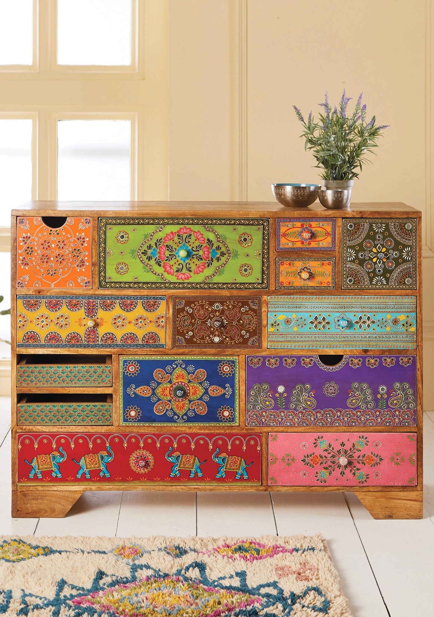 Eclectic Hand Painted 14 Drawer Cabinet / Chest