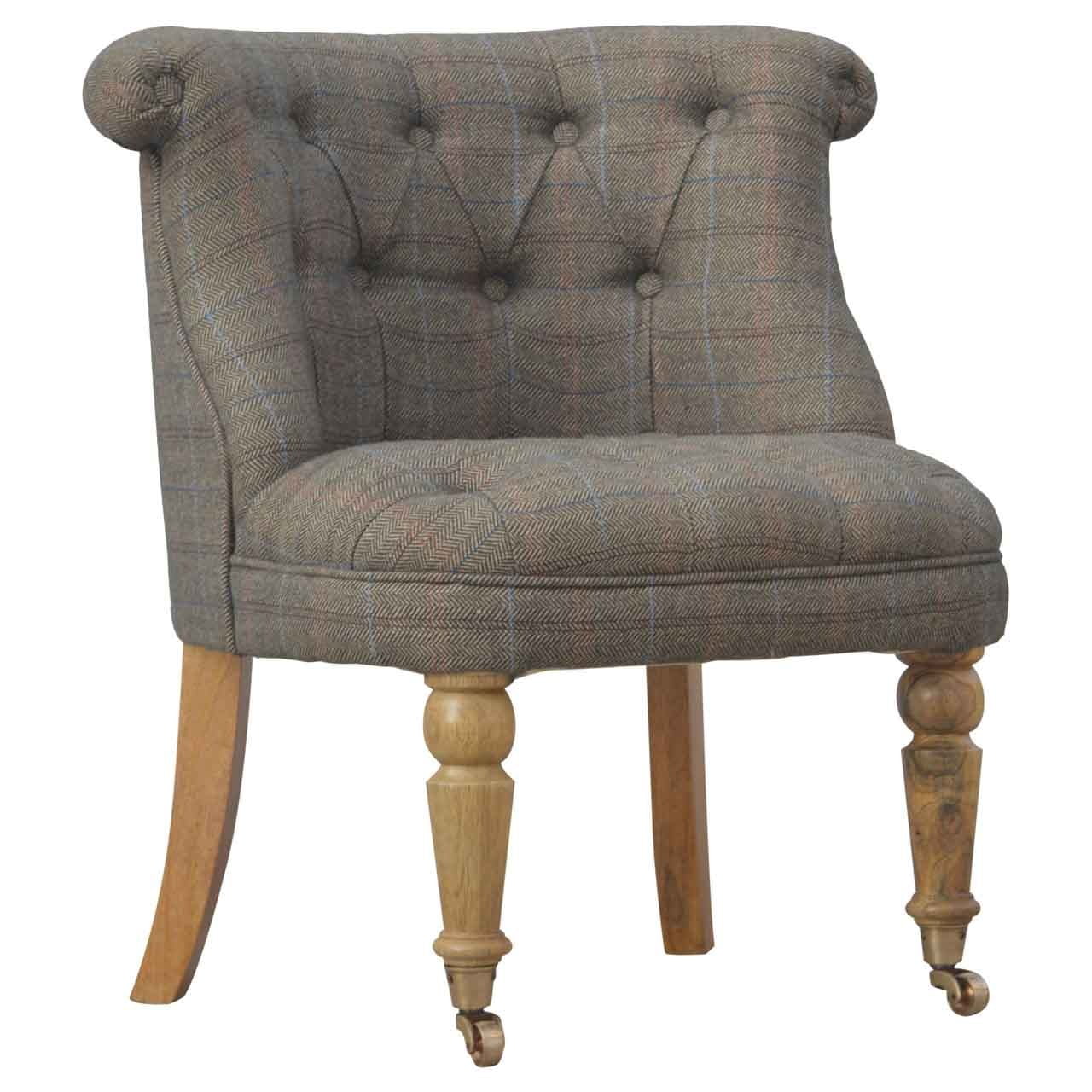 Tweed occasional chair. Chair with plaid fabric and wooden legs