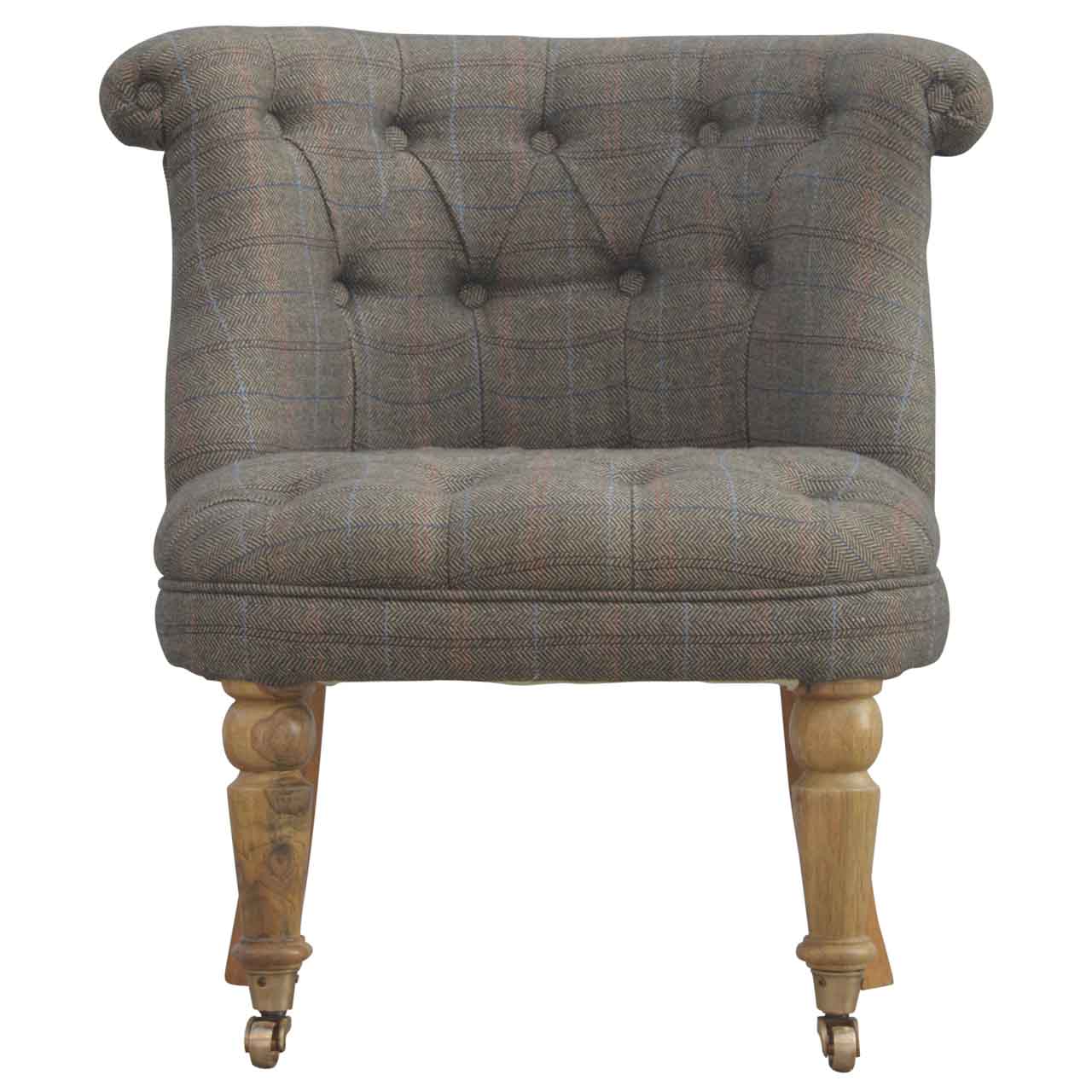 Tweed occasional chair. Chair with tufted backrest and wooden legs